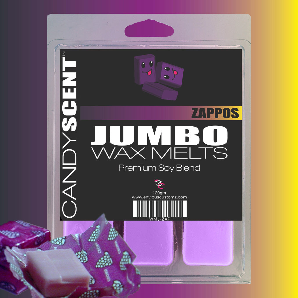 Image of a package of Jumbo Wax Melts from the brand CANDYSCENT™. The label on the packaging reads "CANDY SCENT" and "Premium Soy Blend." These highly scented, purple wax melts offer a long-lasting aroma. The background features a gradient from yellow to purple, with some wrapped candies in the corner.